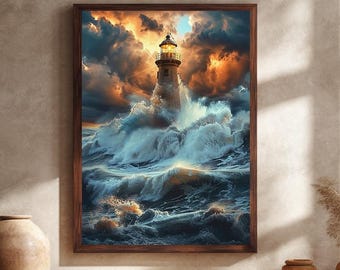 Stürmische Leuchtturm Leinwand Wandkunst mit Meereswellen und dramatischem Himmel, Nautische Küstenlandschaft für Wohnzimmer Dekor