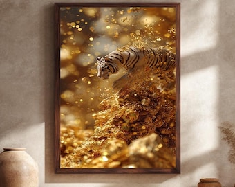 Lussuosa tela da parete con tigre bianca / Poster di animali della giungla dorati / Potente tela da parete con fauna selvatica / Stampa decorativa per la casa in oro intenso