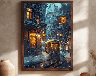 ヴィンテージ風の冬の路面電車を描いたキャンバスウォールアート