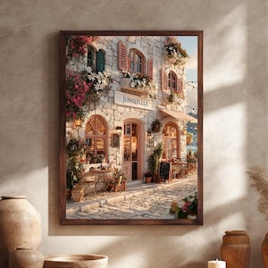 Vintage French Cafe Canvas Wall Art - Stone Facade Floral Bistro Scene Print for Rustic Kitchen or European Style Decor Poster
