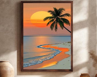 Tropical Sunset Beach Canvas Wall Art with Palm Tree, Golden Sun Reflection, and Peaceful Ocean Waves in Serene Coastal Scene