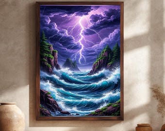 Canvas muurkunst stormachtige oceaan bliksem – dramatische golven en onweer tussen rotsachtige kliffen fantasie zeegezicht decor