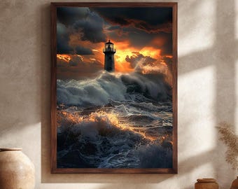 Leuchtturm Leinwand Wandkunst mit stürmischen Ozeanwellen und Sonnenuntergang Himmel, dramatische nautische Küstenlandschaft für Wohnkultur