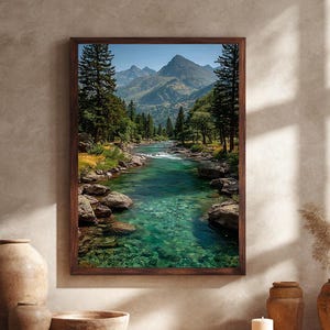 Berg Fluss Landschaft Leinwand Wandkunst, Natur Malerische Wand Dekoration für Wohnzimmer, Waldbach Kunstwerk, Rustikale Hüttenwand Druck