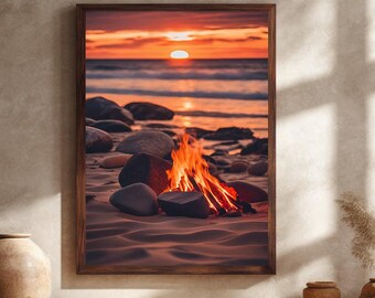 Quadro decorativo em tela com fogueira na praia ao pôr do sol, ondas do oceano, fogo brilhante e uma cena costeira aconchegante para uma decoração relaxante de casa.