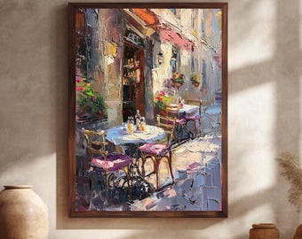 Quadro decorativo em tela estilo café europeu | Impressão romântica de bistrô ao ar livre com pinceladas marcantes para uma decoração aconchegante em estilo francês.