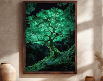Cuadro de pared con árbol místico resplandeciente, lámina de naturaleza de bosque verde fantástico, obra de arte de árbol sagrado encantado para la decoración de una habitación mágica.