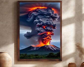 Volcano Eruption Canvas Wall Art, Dramatic Nature Photography Print, Lava and Smoke Landscape Decor, Fiery Mountain Wall Artwork
