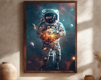 Astronaut Holding Glowing Planet Wall Art | Sci Fi Space Canvas Print | Futuristic Galaxy Canvas Art | Cosmic Universe Poster