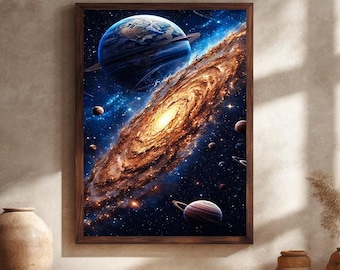 Galaxy and Planets Canvas Wall Art, Cosmic Universe Print, Outer Space Nebula Artwork, Astronomical Sci Fi Home Decoration