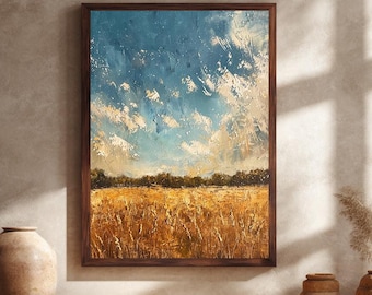 Goldenes Weizenfeld Abstrakte Landschaft Leinwand Wandkunst | Rustikaler Sommer Bauernhof Druck mit blauem Himmel für Land und Natur Wohnkultur