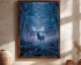 Mystical Glowing Deer Canvas Wall Art, Fantasy Spirit Animal Forest Print, Enchanted Blue Woodland Artwork for Magical Home Decor