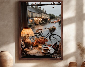 Cozy Rainy Day Cafe Canvas Wall Art with Vintage Lamp and Coffee by the Window, Romantic European Street View Print for Cottagecore Decor