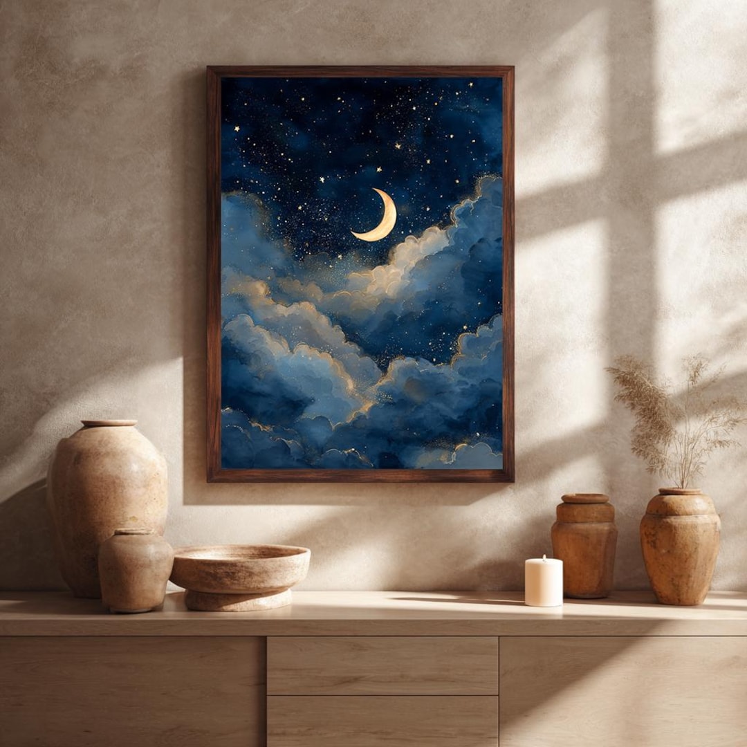 Crescent Moon and Stars Canvas Wall Art With Dreamy Clouds in Night Sky ...