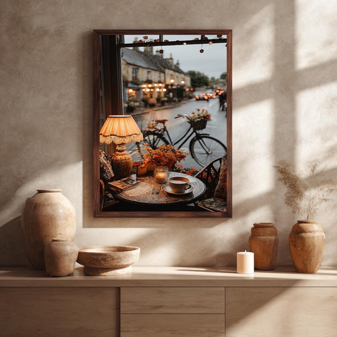 Cozy Rainy Day Cafe Canvas Wall Art With Vintage Lamp and Coffee