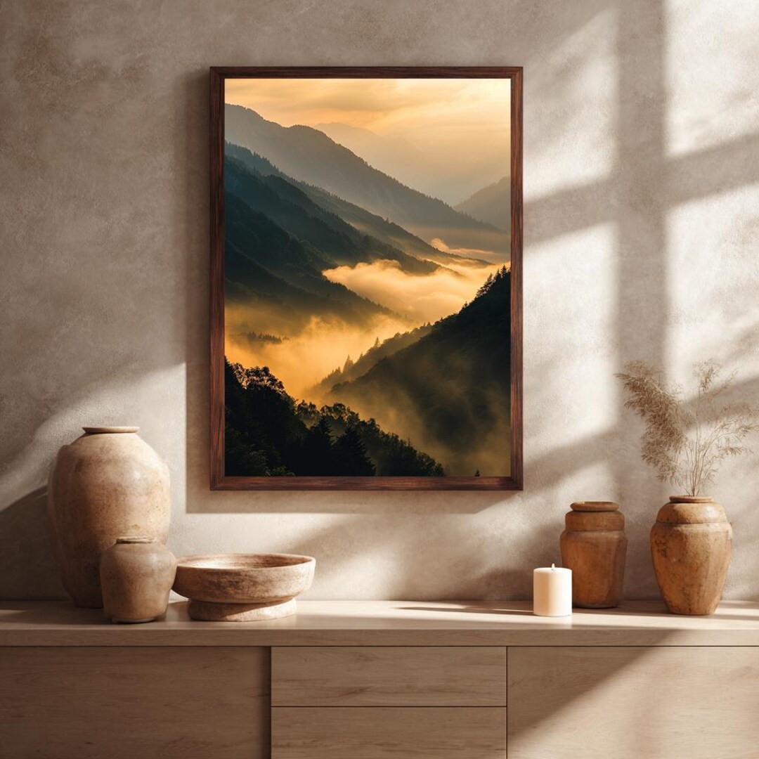 Mountain Valley Sunrise Canvas Wall Art, Misty Forest Landscape Print ...