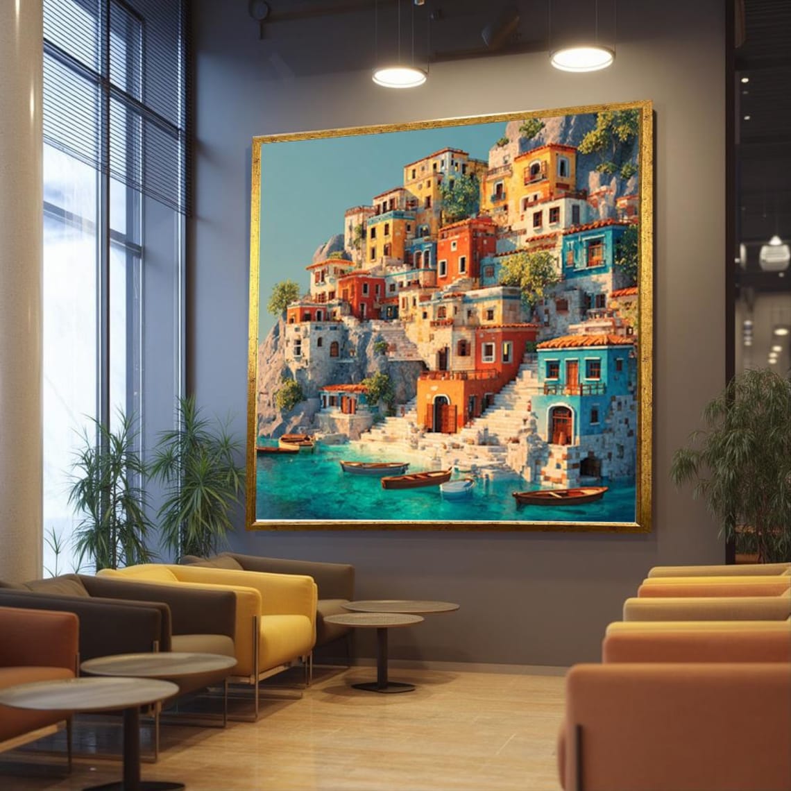 Colorful Mediterranean Coastal Village Canvas Wall Art With Boats and ...