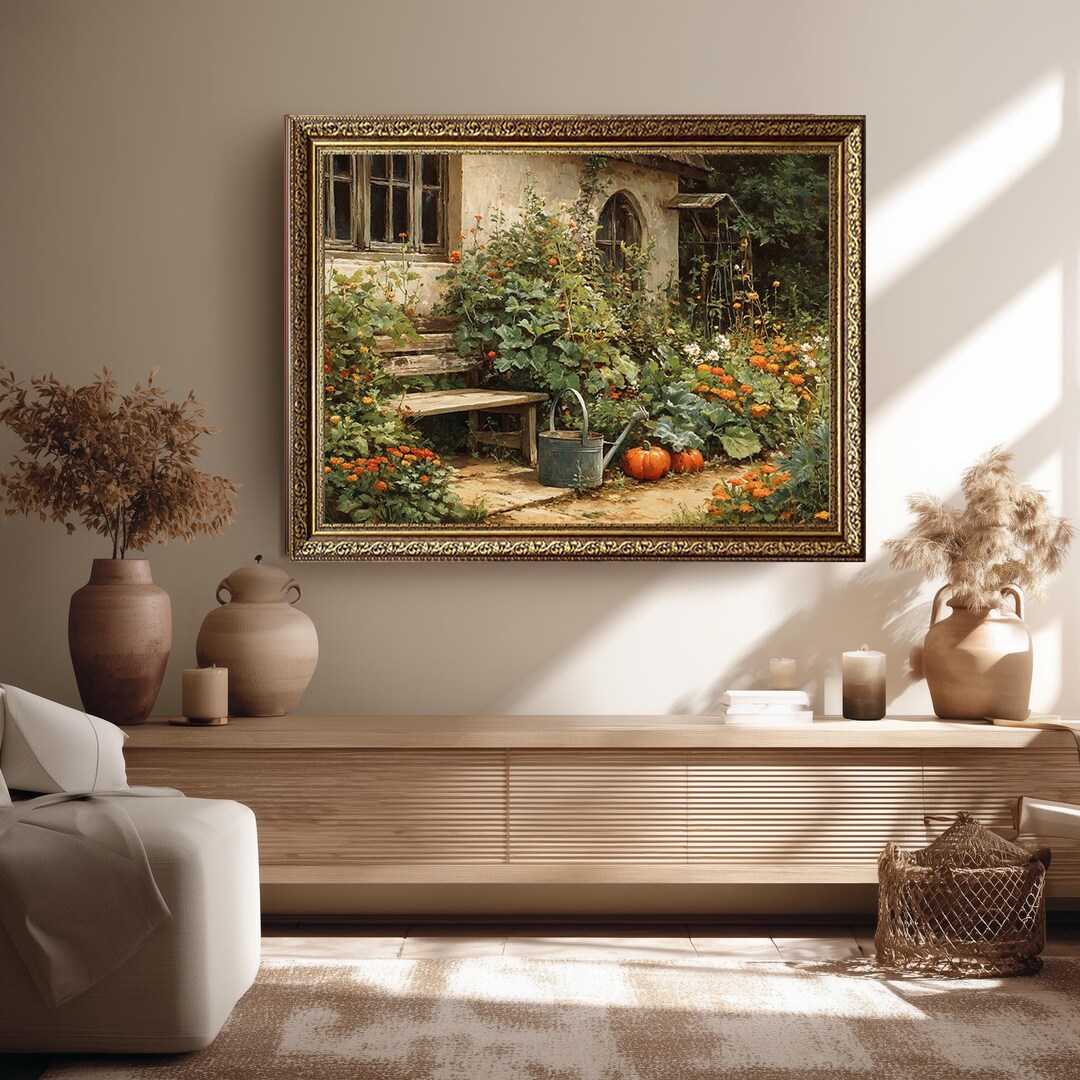 Rustic Cottage Garden Canvas Wall Art With Pumpkins and Flowers ...
