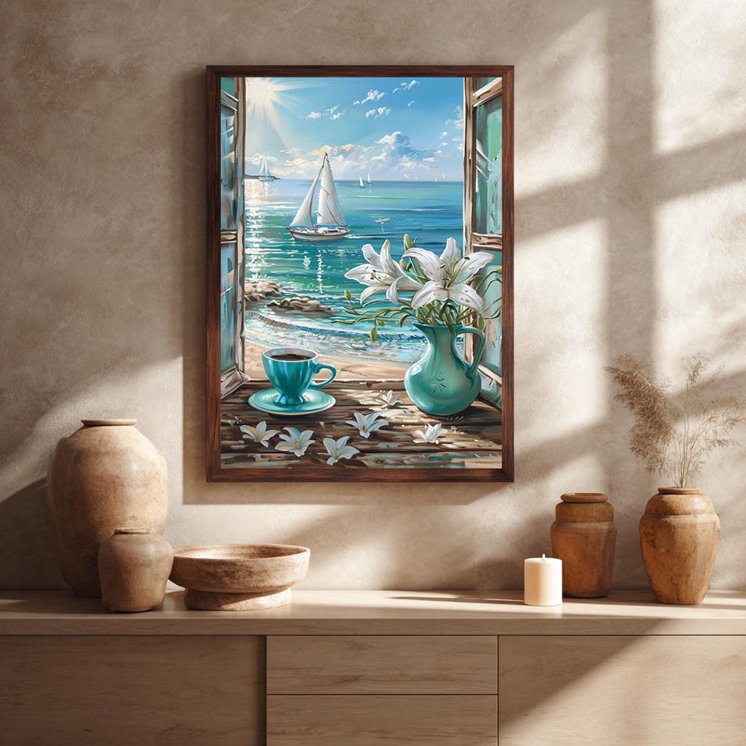 Coastal Window View Canvas Wall Art With Sailboats, Coffee, and White ...