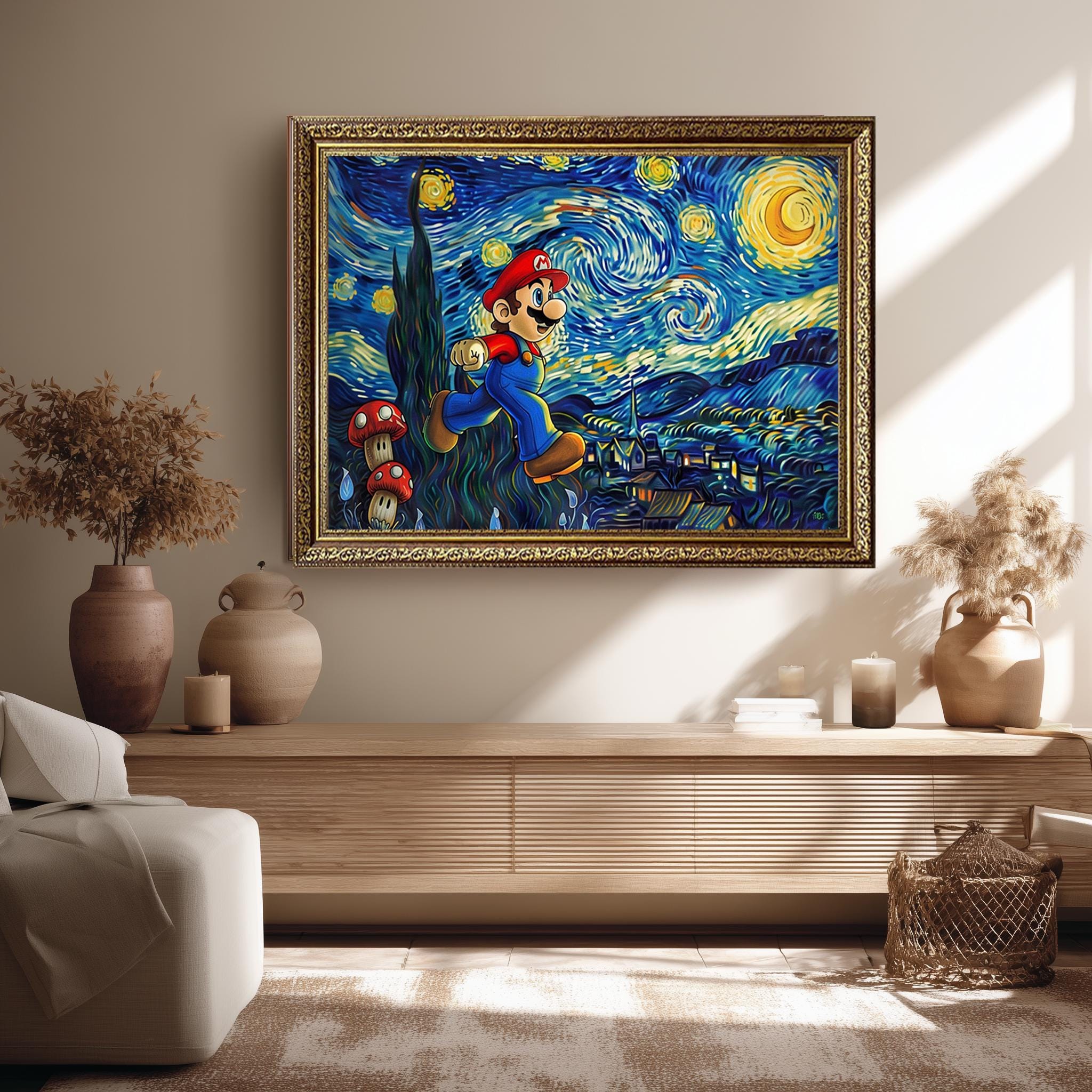 Colorful Mario Starry Night Wall Art Whimsical Video Game