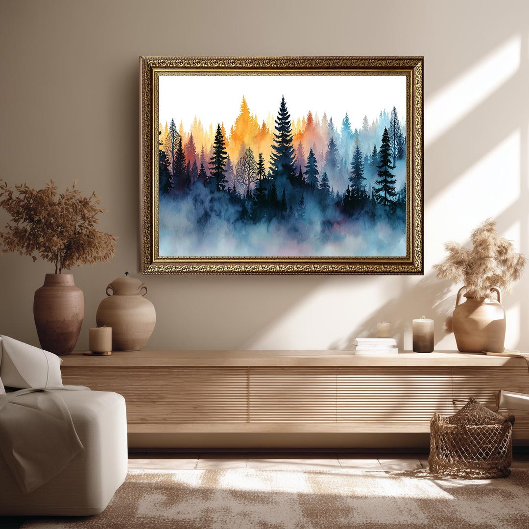 Colorful Forest Canvas Wall Art Print, Misty Pine Tree Landscape ...