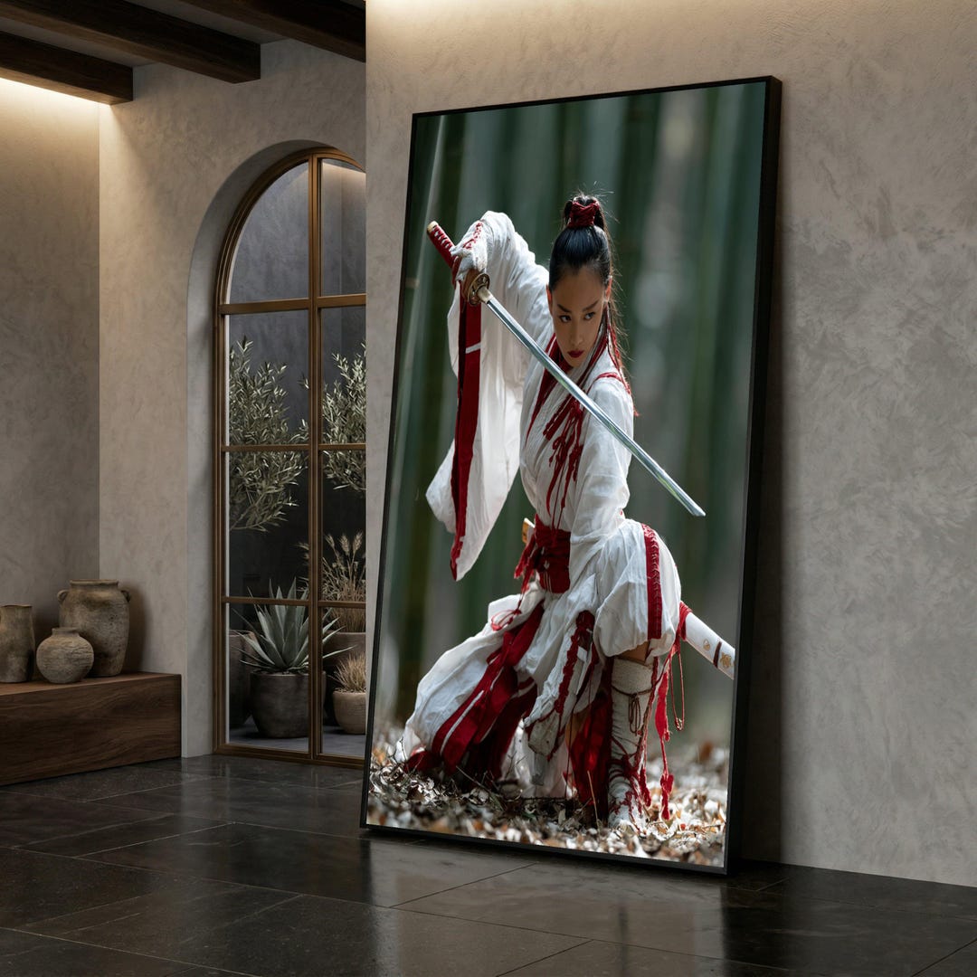 Canvas Art Print Fierce Female Samurai Warrior in White and Red Kimono ...