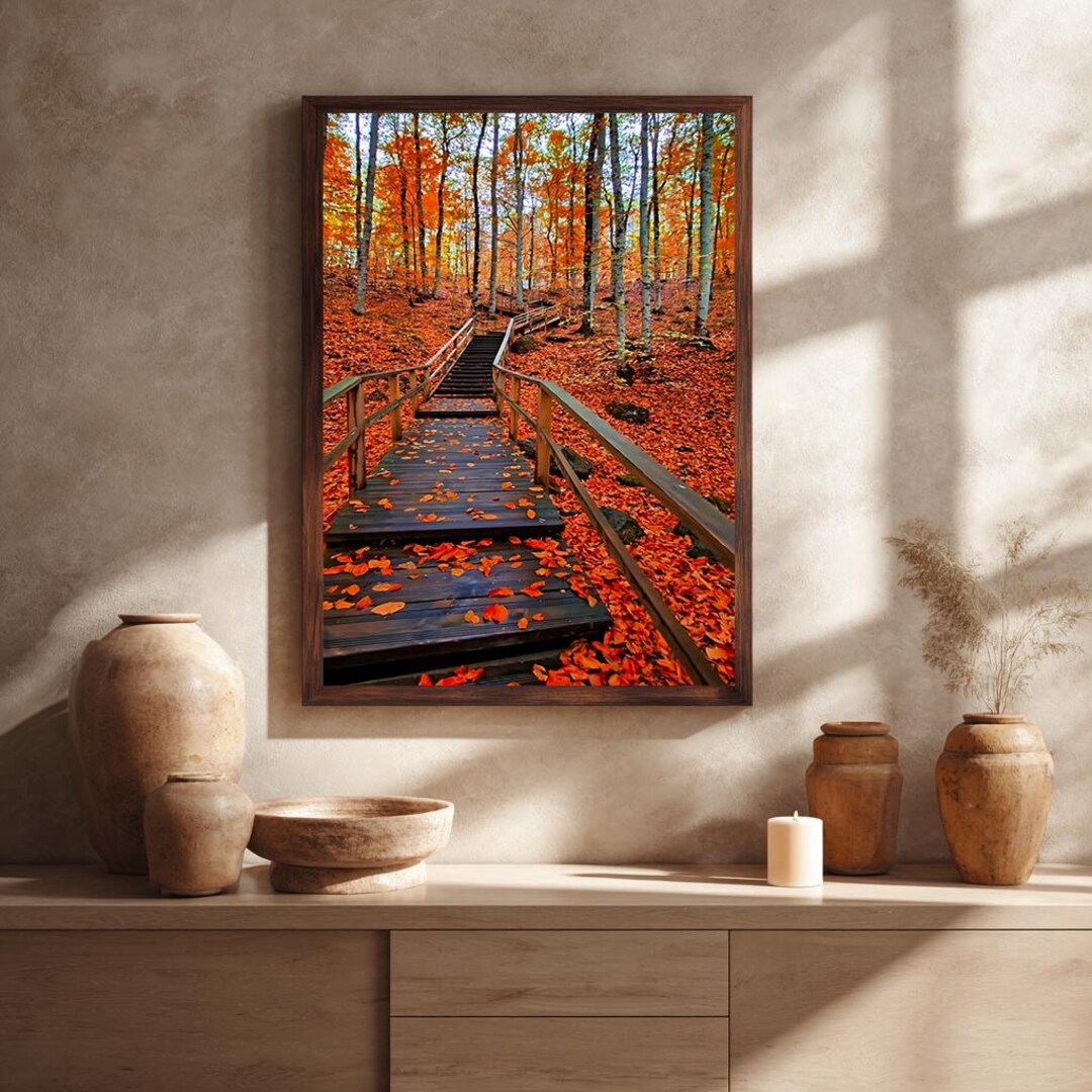 Autumn Forest Path Wall Art Wooden Walkway Fall Leaves Landscape Print ...