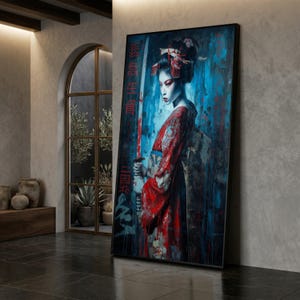 May include: A framed artwork featuring a geisha in a red kimono holding a sword. The geisha has red makeup and is set against a blue and red background. Japanese characters are visible on the artwork.