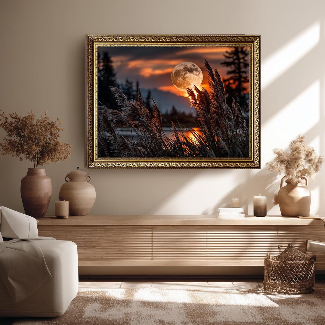 Full Moon Over Lake Canvas Art Print, Sunset Nature Wall Art, Landscape ...