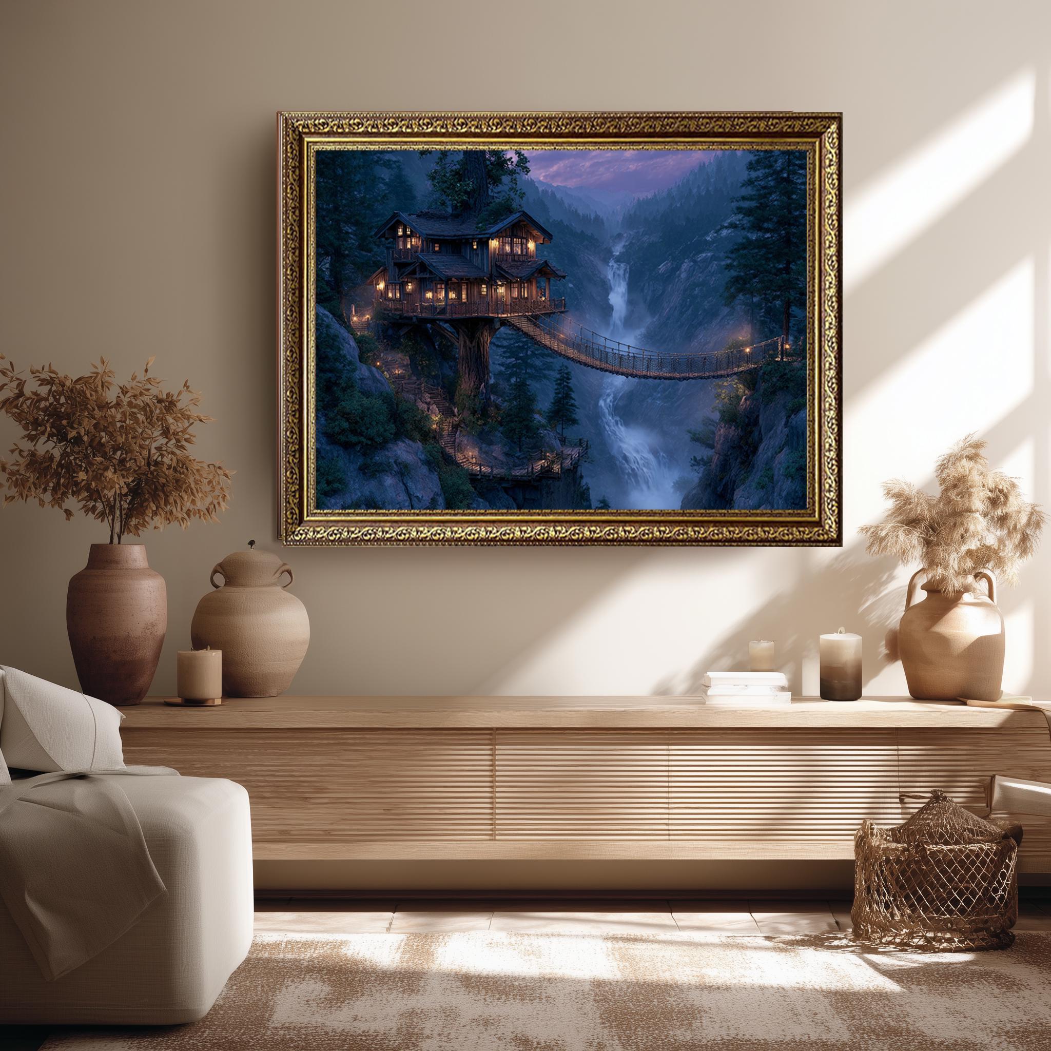 Magical Treehouse With Rope Bridge Wall Art – Enchanted Forest