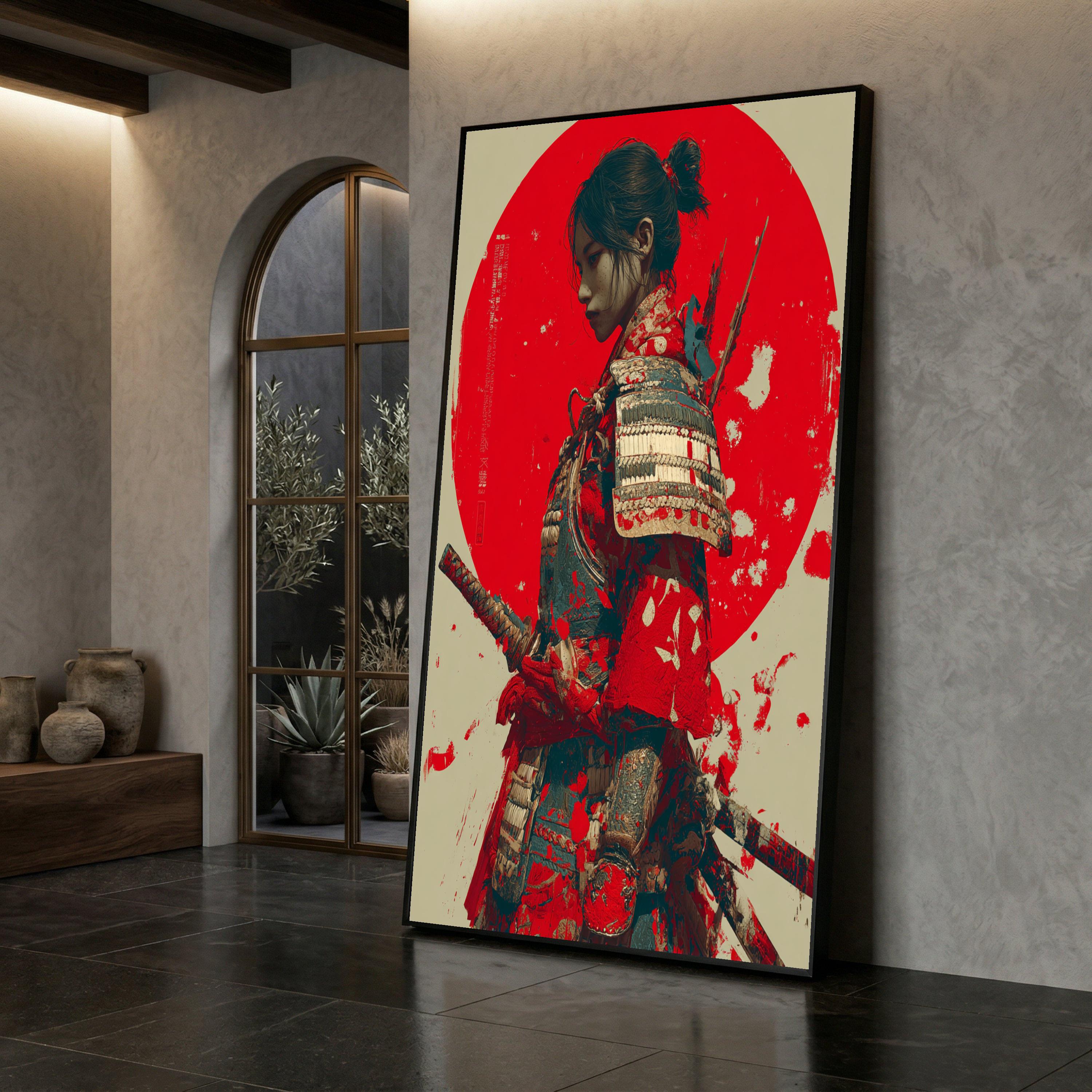 Canvas Art Print Samurai Warrior Woman in Traditional Armor With Red ...