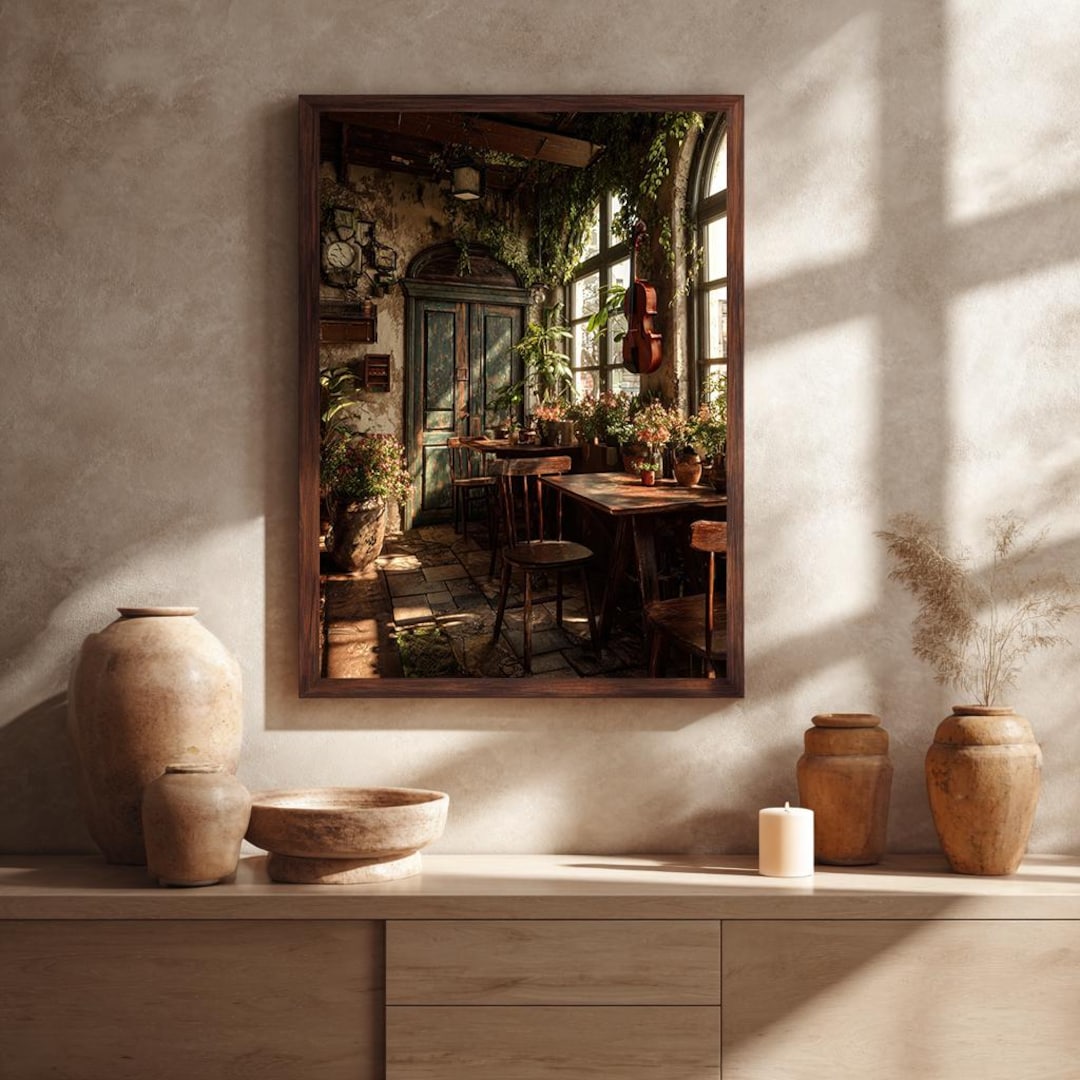 Rustic Indoor Garden Cafe Canvas Wall Art With Vintage Violin