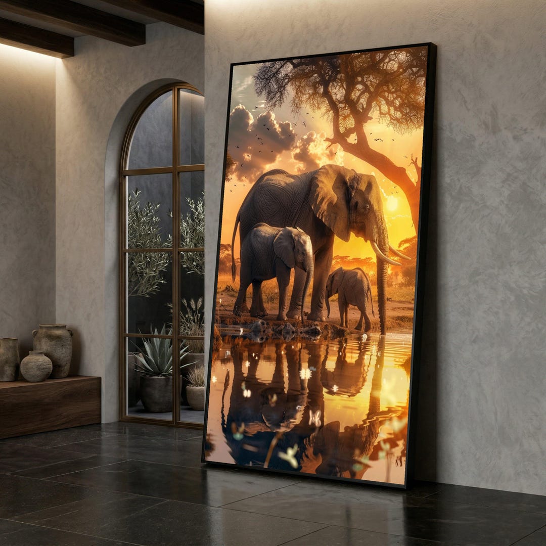 Canvas Art Print Elephant Family at Sunset by Water With Tree ...