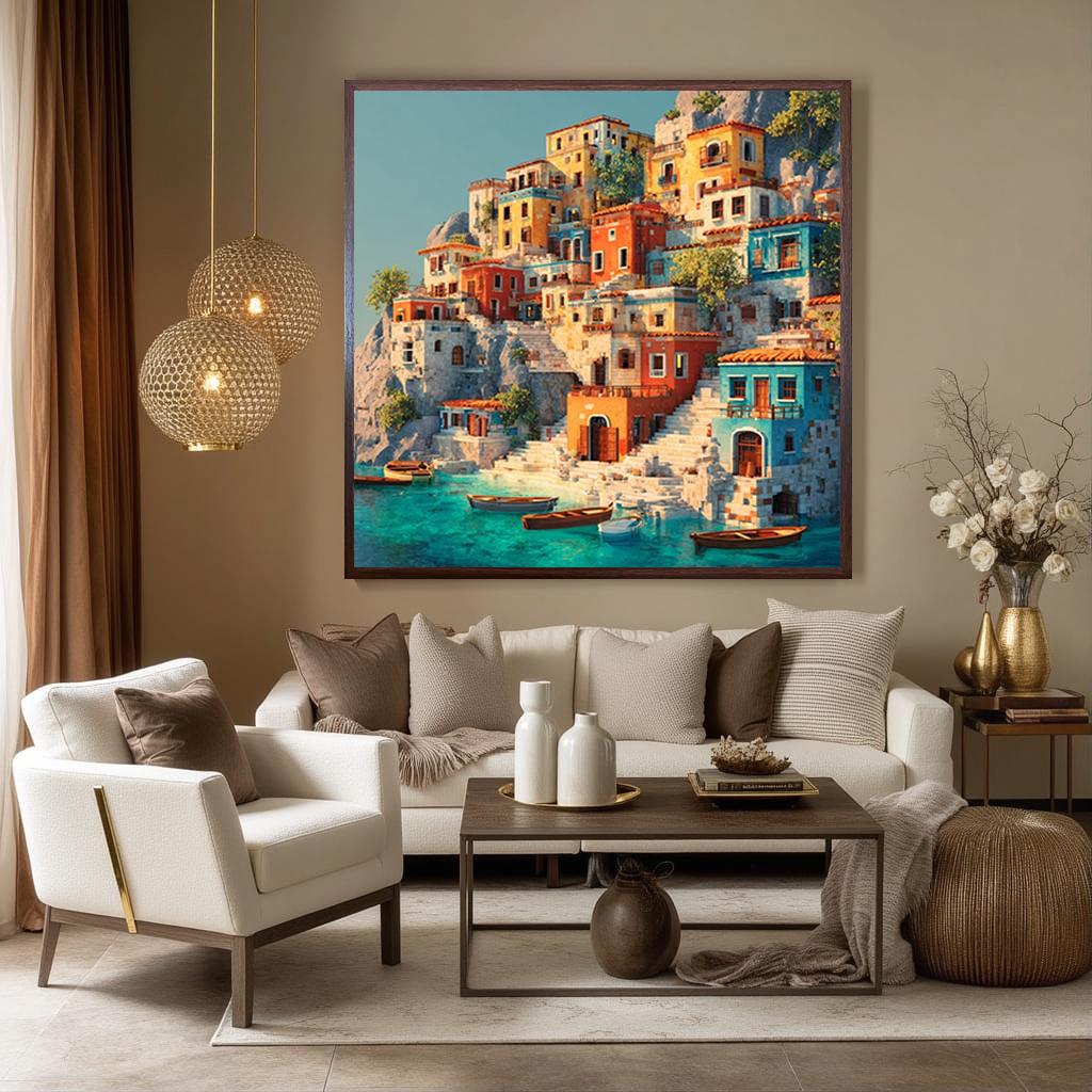 Colorful Mediterranean Coastal Village Canvas Wall Art With Boats and ...