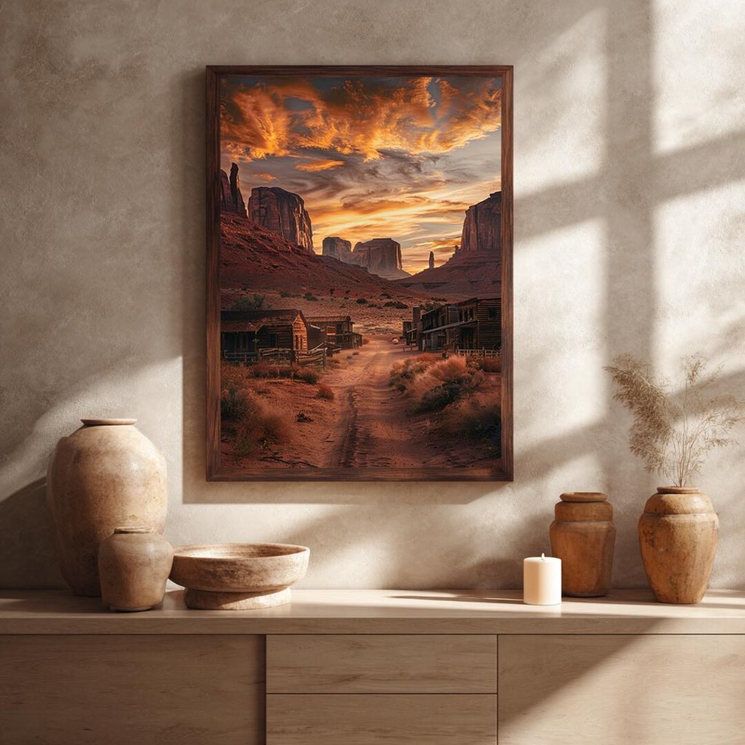 Western Desert Sunset Canvas Wall Art – Abandoned Wild West Town With ...