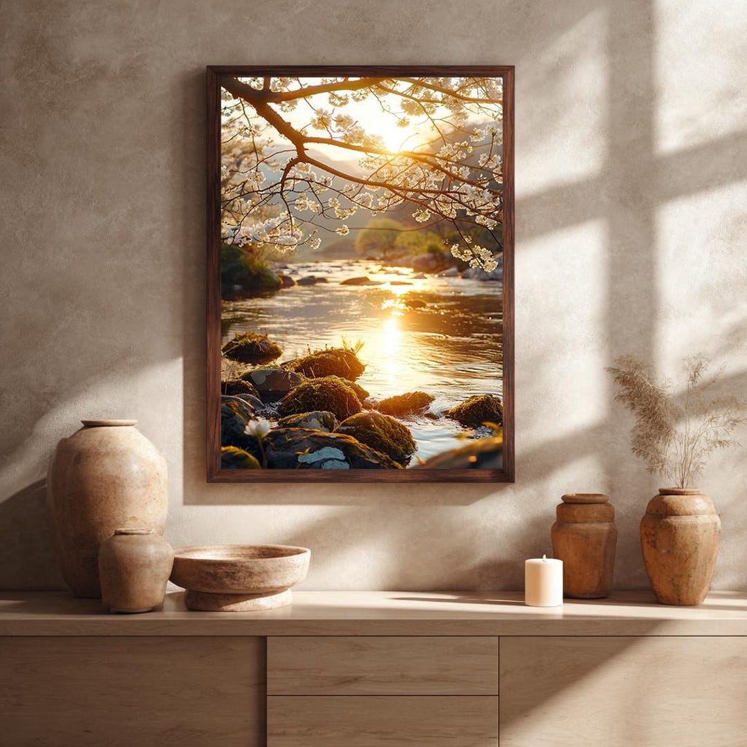 Spring Cherry Blossom Canvas Wall Art Print With Sunset River Landscape ...