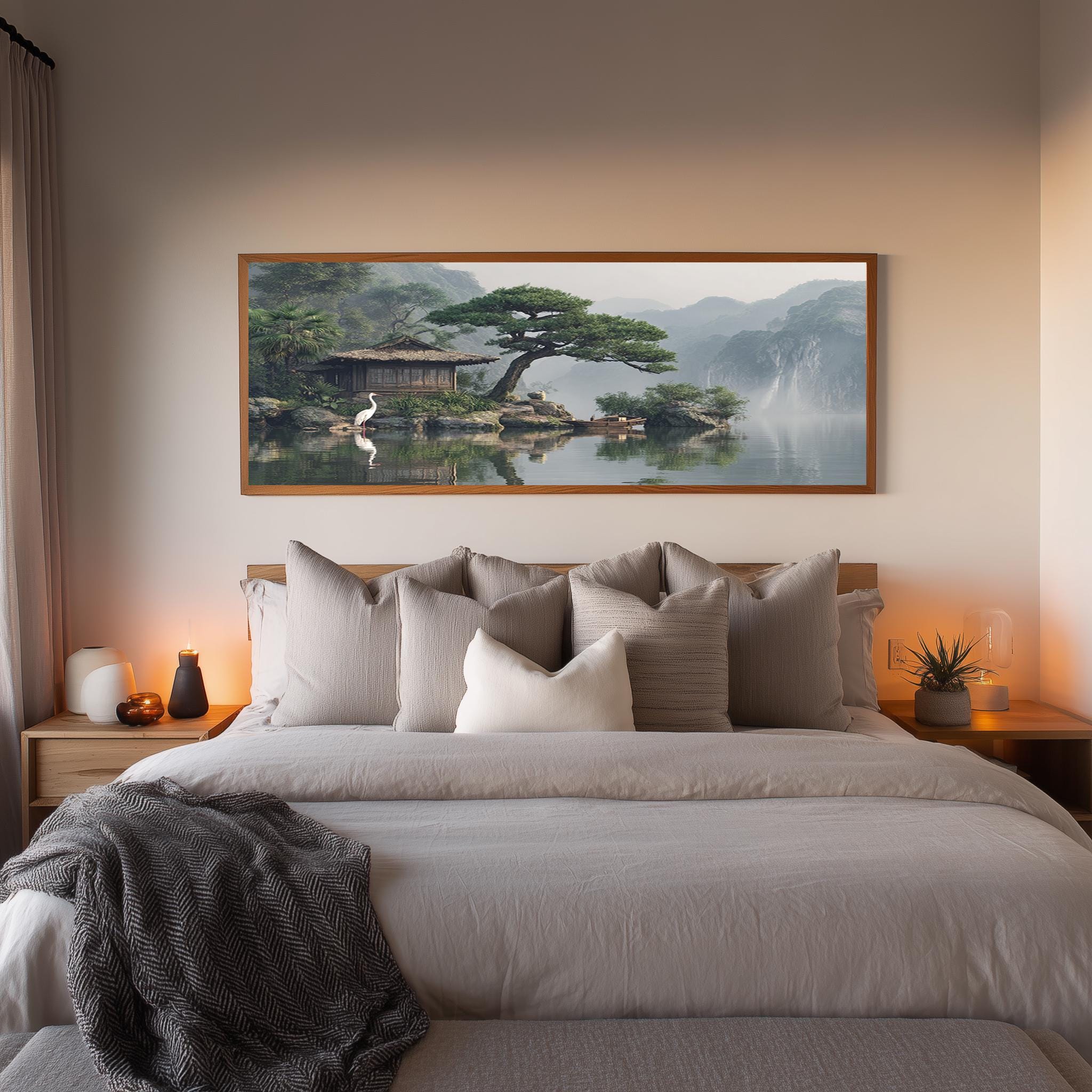 Zen Japanese Landscape Canvas Wall Art With Lake House, Bonsai Tree and ...