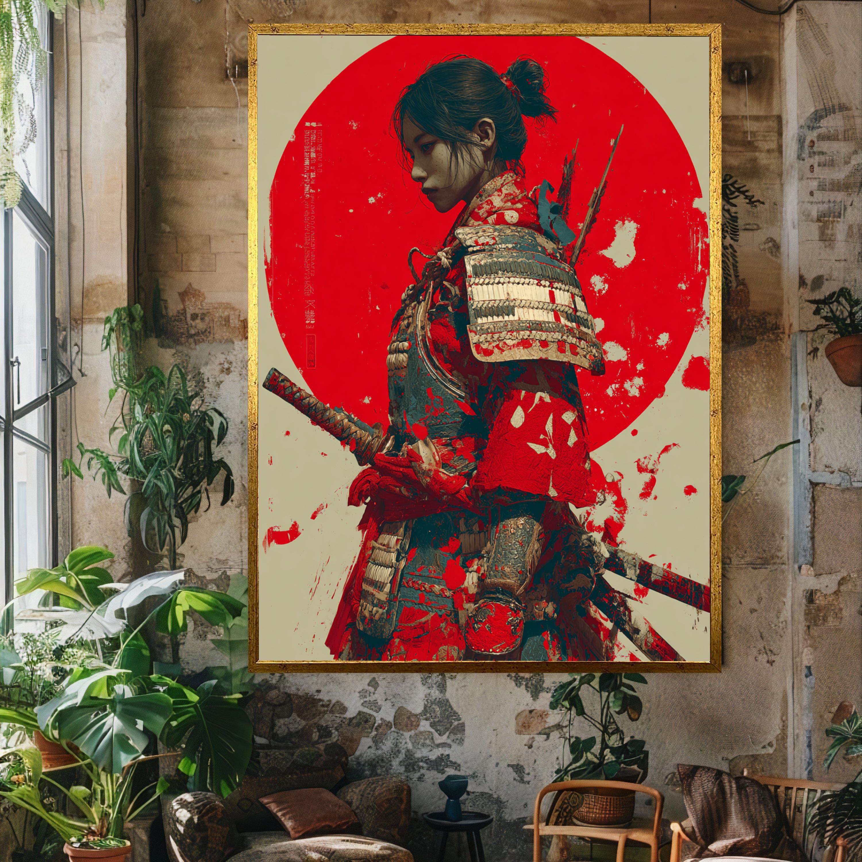 Canvas Art Print Samurai Warrior Woman in Traditional Armor With Red ...