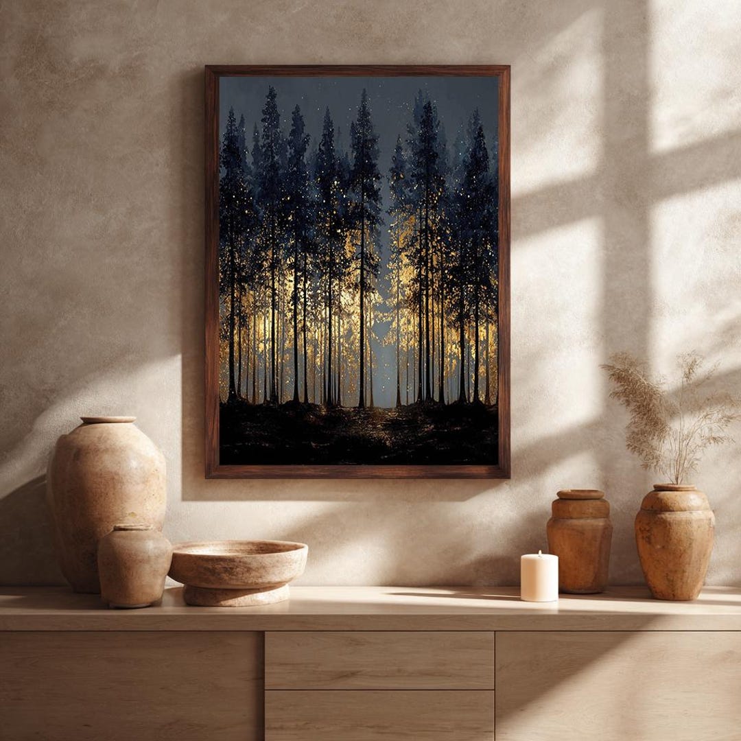Dark Forest Night Canvas Wall Art | Enchanted Trees and Golden Light ...