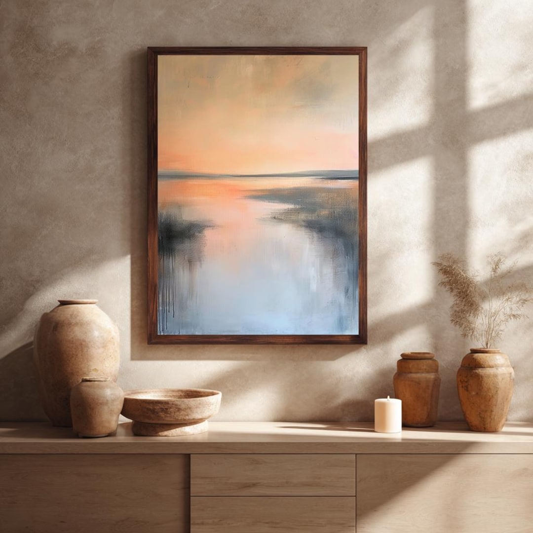 Minimalist Sunset Lake Abstract Canvas Wall Art | Soft Neutral