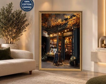 Herbstliches Buchcafé-Leinwandbild | Gemütliche Buchhandlungsfassade mit Lichterketten für Leseecke oder Bibliothek | Warme Herbstmotive