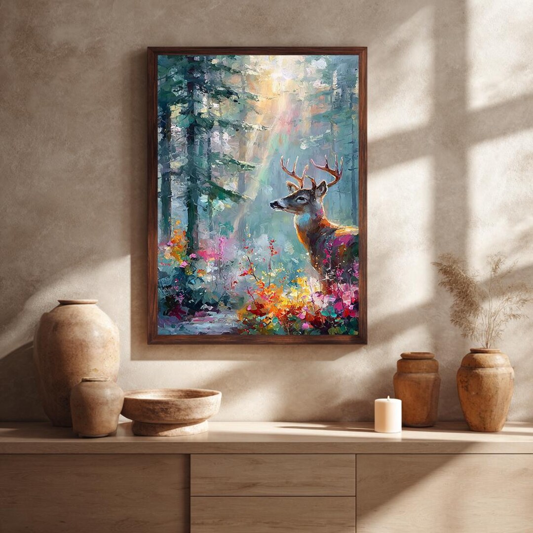 Majestic Deer in Enchanted Forest Canvas Wall Art – Colorful Nature ...