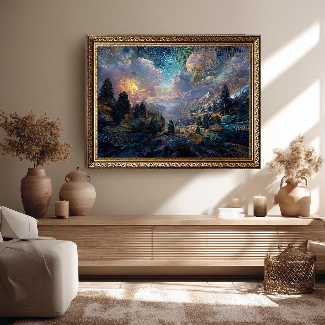 Surreal Mountain Landscape Wall Art With Cosmic Sky and Abstract Nature ...