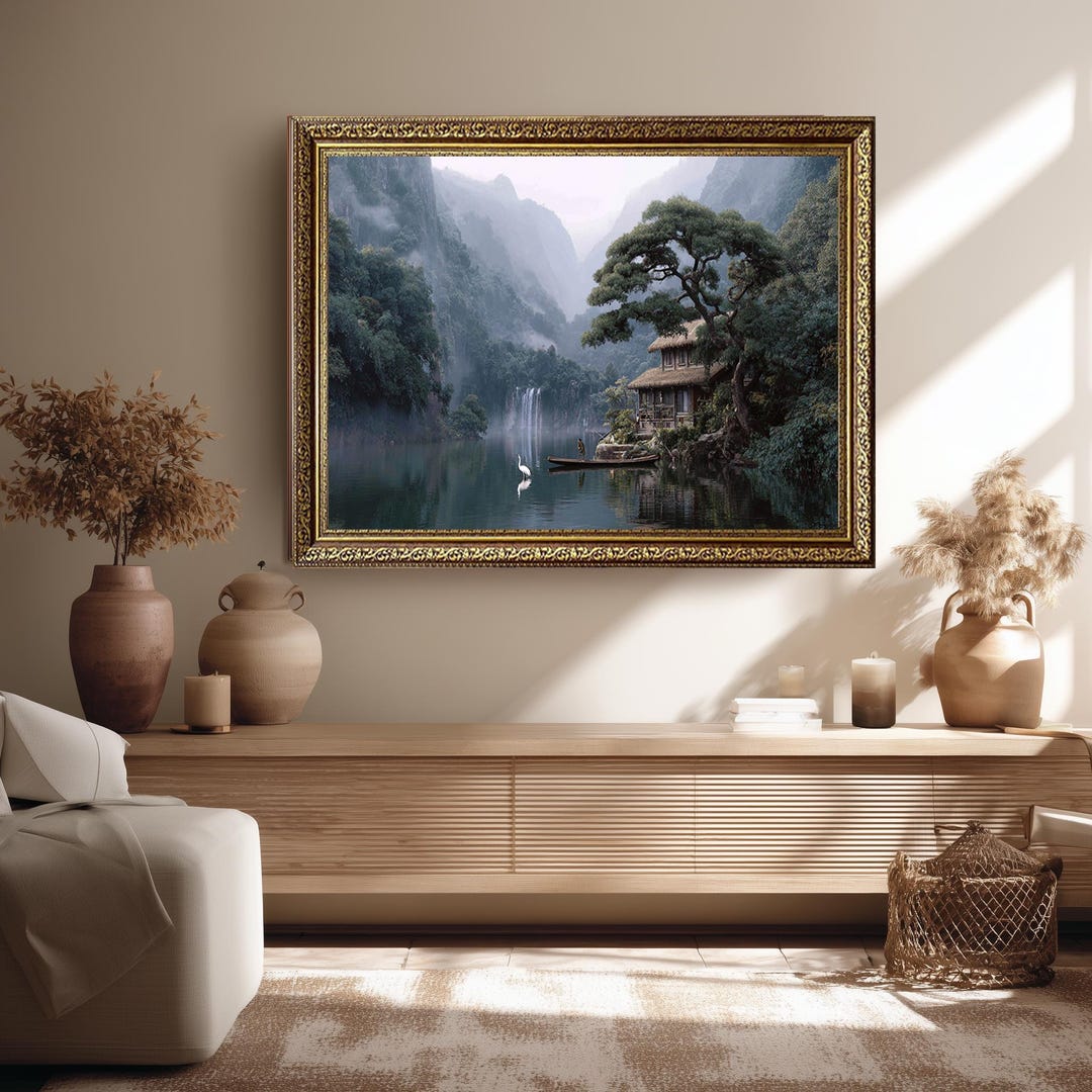Zen Asian Landscape Canvas Wall Art With Lake House, Waterfall and ...
