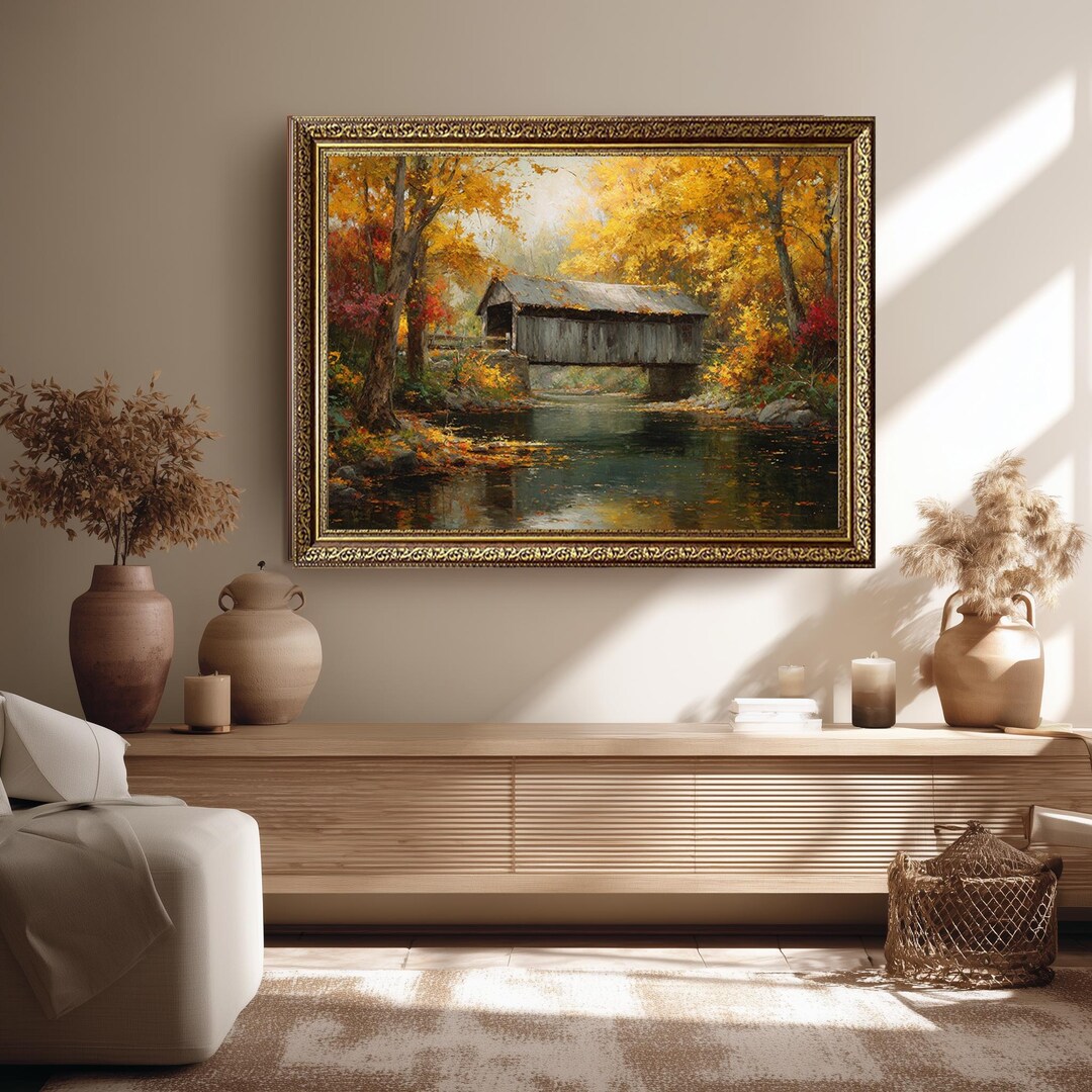 Rustic Autumn Covered Bridge Wall Art on Canvas With Fall Trees and ...