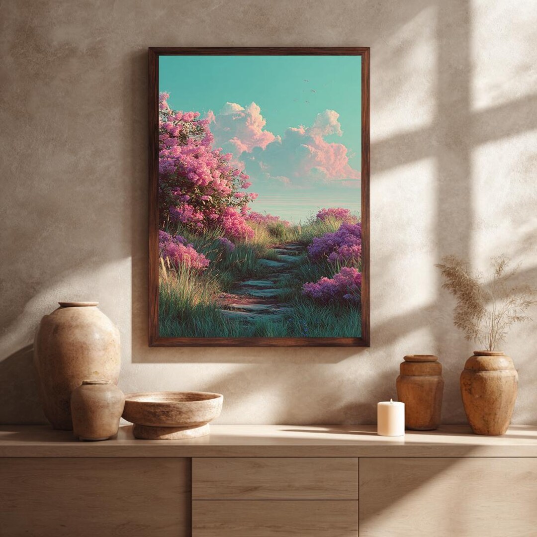 Pink Flower Path Canvas Wall Art, Dreamy Nature Landscape Print, Pastel ...