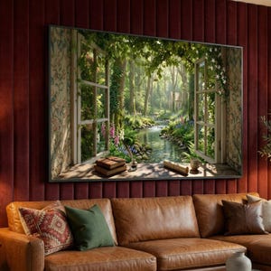 May include: A rectangular wall art print depicting an open window view of a lush forest with a flowing stream, green trees, and wildflowers. On the wooden windowsill sits a stack of two brown books, a quill pen in an inkwell, and a small mug.