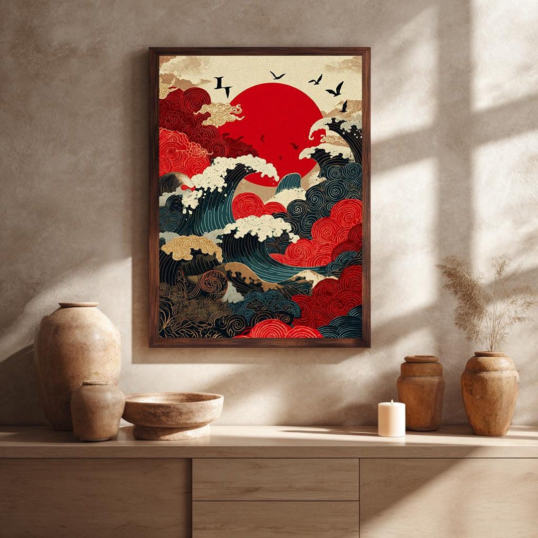 Japanese Red Sun and Ocean Wave Canvas Wall Art, Traditional Asian