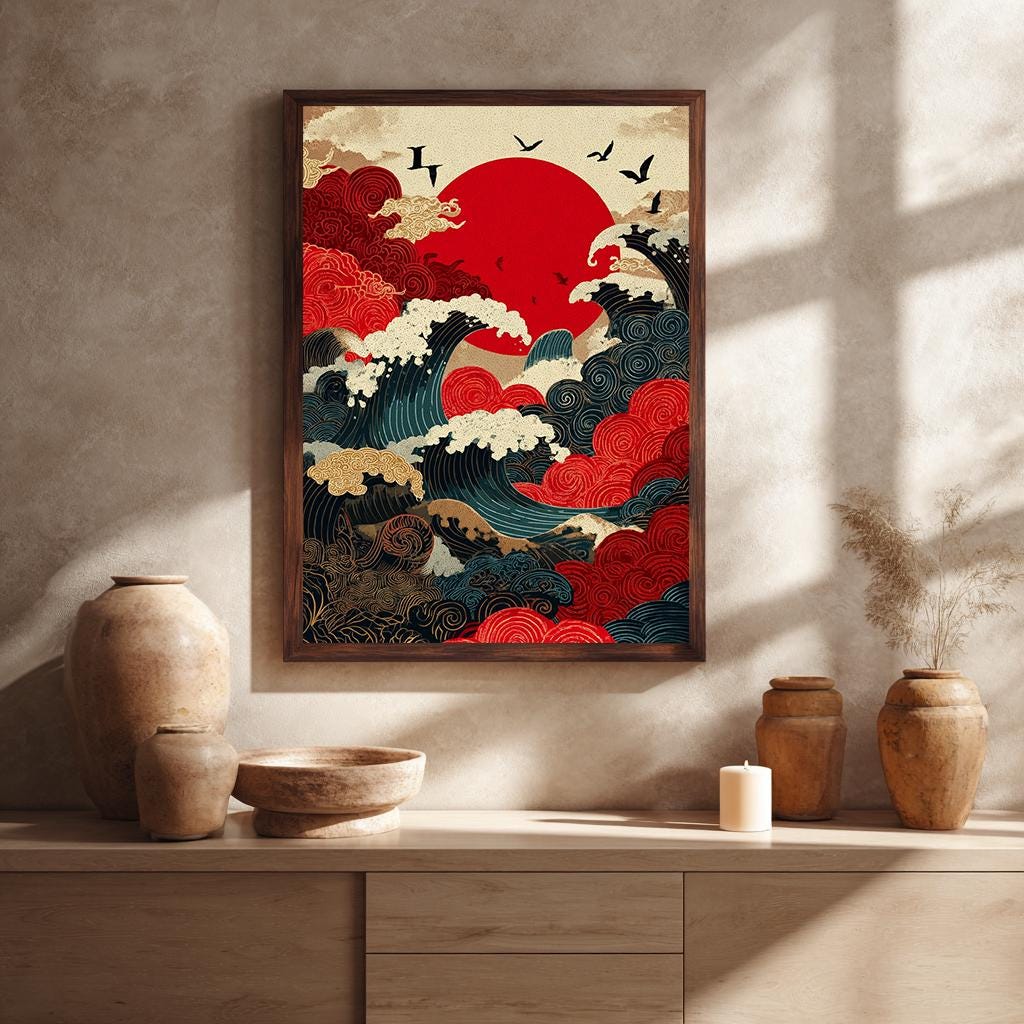 Japanese Red Sun and Ocean Wave Canvas Wall Art, Traditional Asian