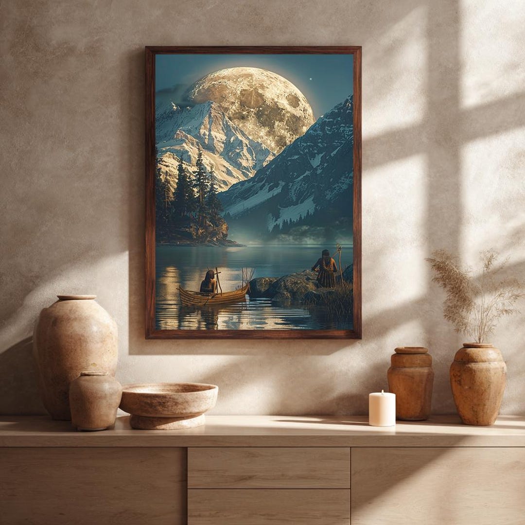 Full Moon Canvas Wall Art With Mountain Lake and Canoe Scene, Mystical ...